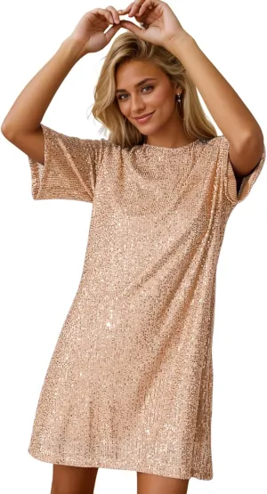 R.Vivimos Women's Loose Party Sparkly Sequin Dress Short Sleeve Back Button Crew Neck Glitter Mini Shift Dress Clubwear
