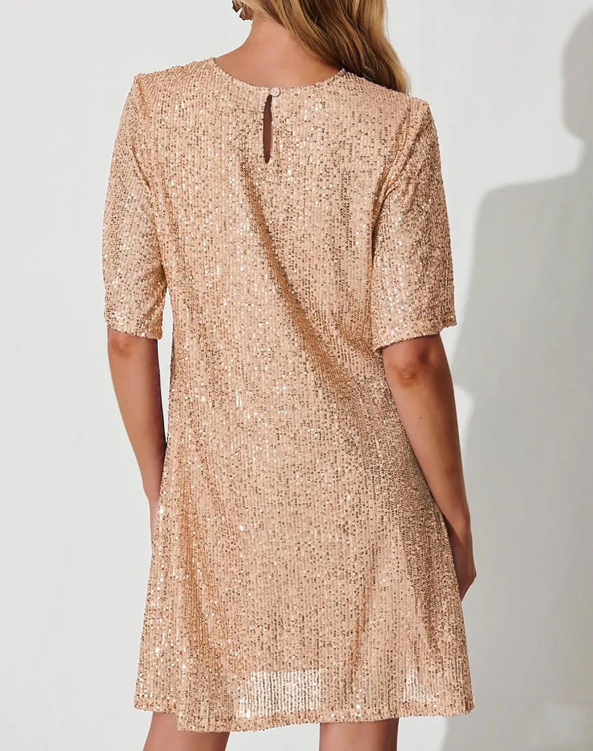 R.Vivimos Women's Loose Party Sparkly Sequin Dress Short Sleeve Back Button Crew Neck Glitter Mini Shift Dress Clubwear
