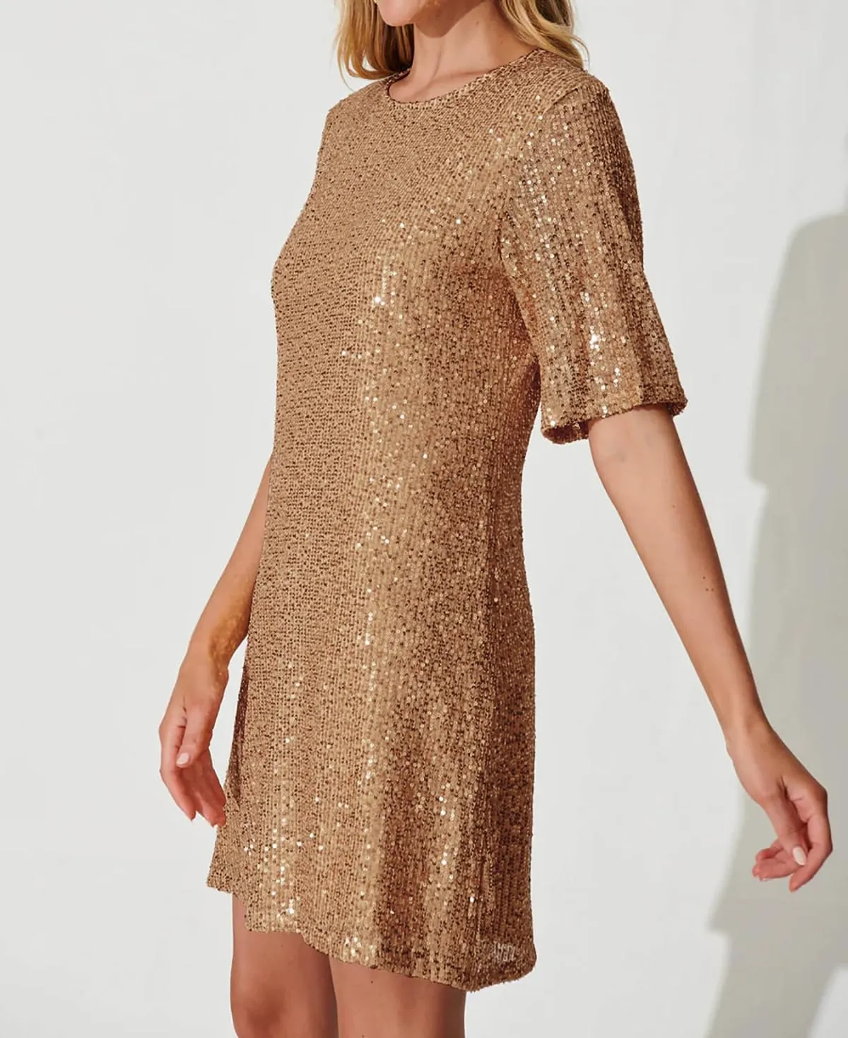 R.Vivimos Women's Loose Party Sparkly Sequin Dress Short Sleeve Back Button Crew Neck Glitter Mini Shift Dress Clubwear