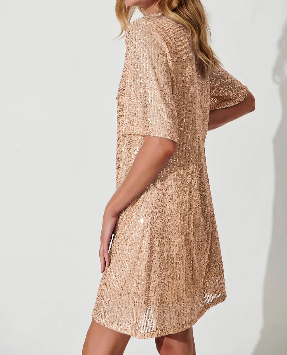 R.Vivimos Women's Loose Party Sparkly Sequin Dress Short Sleeve Back Button Crew Neck Glitter Mini Shift Dress Clubwear