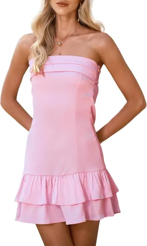Satin Tube Mini Dress for Women Strapless Tiered Layer Hem Backless Dresses Party Clubwear