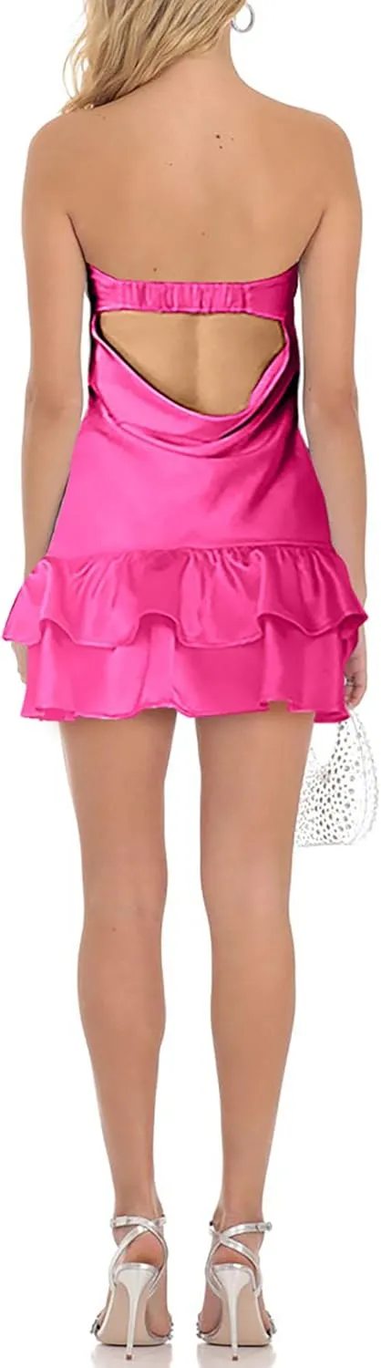 Satin Tube Mini Dress for Women Strapless Tiered Layer Hem Backless Dresses Party Clubwear