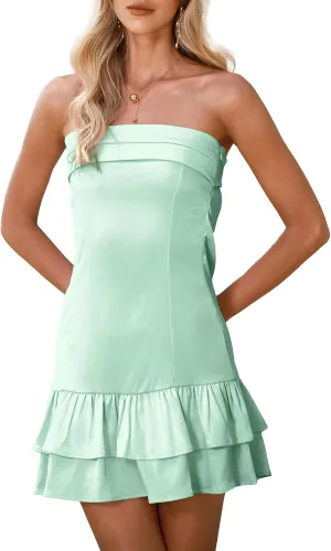 Satin Tube Mini Dress for Women Strapless Tiered Layer Hem Backless Dresses Party Clubwear