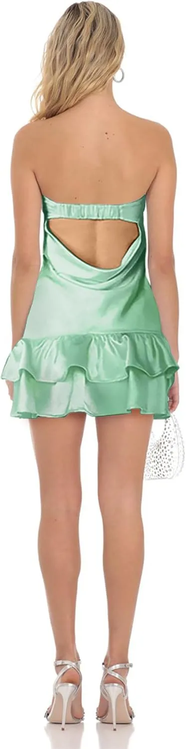 Satin Tube Mini Dress for Women Strapless Tiered Layer Hem Backless Dresses Party Clubwear