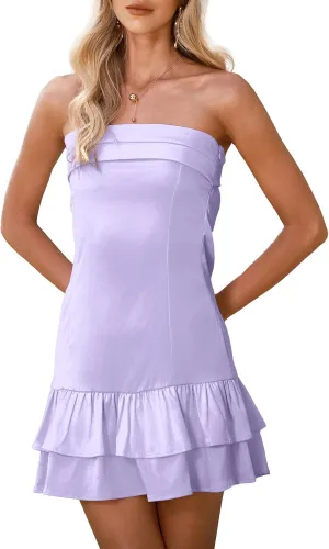 Satin Tube Mini Dress for Women Strapless Tiered Layer Hem Backless Dresses Party Clubwear