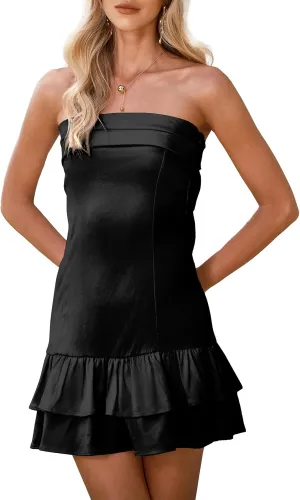 Satin Tube Mini Dress for Women Strapless Tiered Layer Hem Backless Dresses Party Clubwear