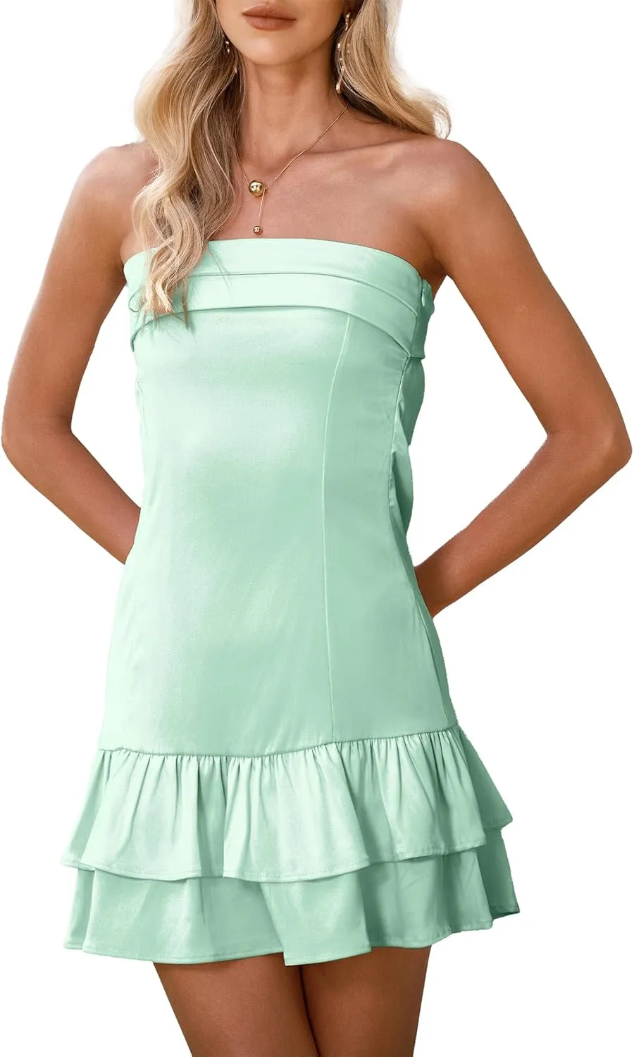 Satin Tube Mini Dress for Women Strapless Tiered Layer Hem Backless Dresses Party Clubwear