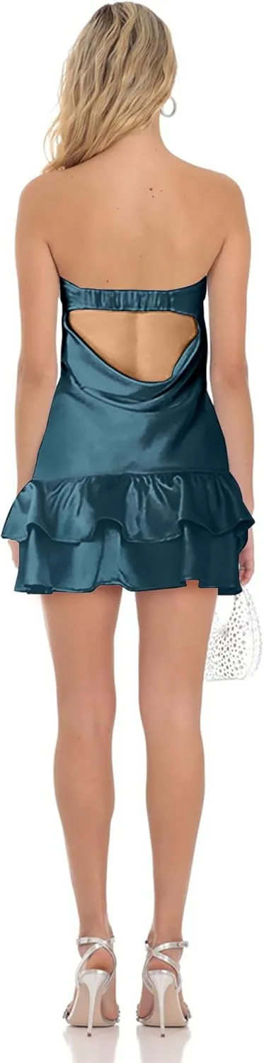 Satin Tube Mini Dress for Women Strapless Tiered Layer Hem Backless Dresses Party Clubwear