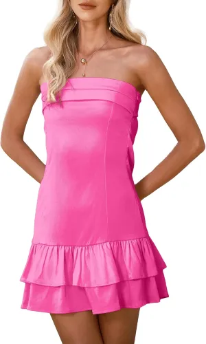 Satin Tube Mini Dress for Women Strapless Tiered Layer Hem Backless Dresses Party Clubwear