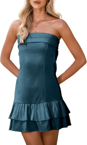 Satin Tube Mini Dress for Women Strapless Tiered Layer Hem Backless Dresses Party Clubwear