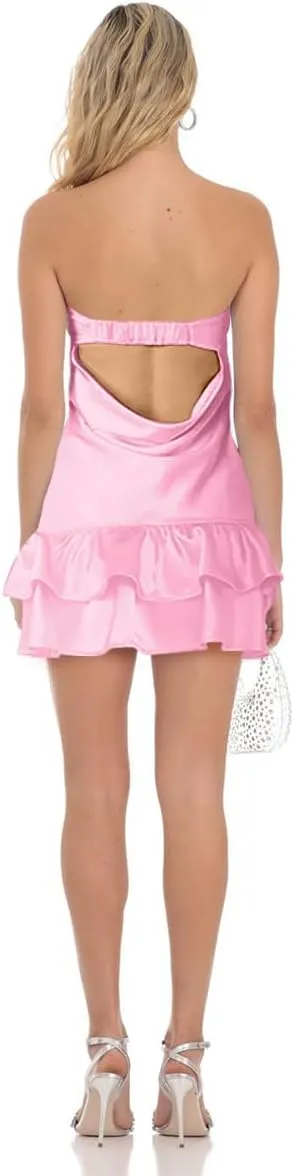 Satin Tube Mini Dress for Women Strapless Tiered Layer Hem Backless Dresses Party Clubwear