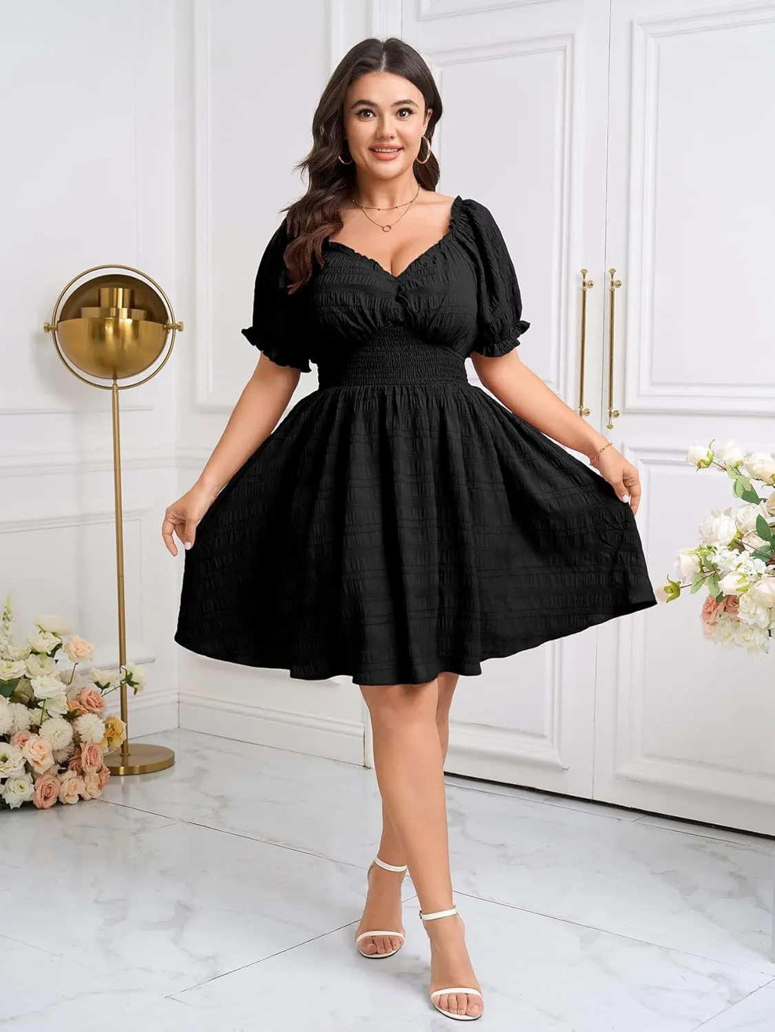 SCOMCHIC Womens Plus Size Summer Dresses Casual Sun Dress Sweetheart V Neck Puff Short Sleeve Smocked A Line Mini Dress