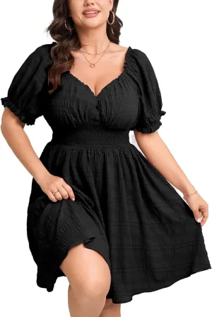 SCOMCHIC Womens Plus Size Summer Dresses Casual Sun Dress Sweetheart V Neck Puff Short Sleeve Smocked A Line Mini Dress