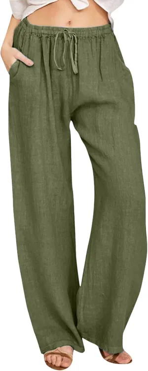 sdbrld Linen Pants Women Summer Trendy Casual High Waist Trousers Drawstring Loose Fit Lightweight Long Palazzo Gauze Pants