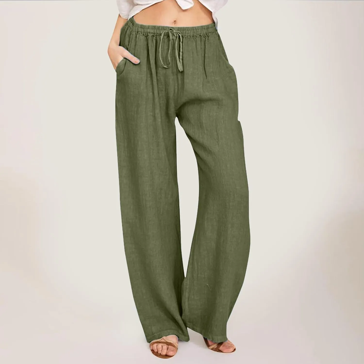 sdbrld Linen Pants Women Summer Trendy Casual High Waist Trousers Drawstring Loose Fit Lightweight Long Palazzo Gauze Pants
