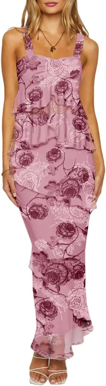 SEBOWEL Women's Ruffled Shoulder Strap Mesh Overlay Bodycon Elegant Long Maxi Dress with Layered Flounce Detail