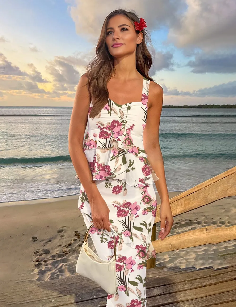 SEBOWEL Women's Ruffled Shoulder Strap Mesh Overlay Bodycon Elegant Long Maxi Dress with Layered Flounce Detail