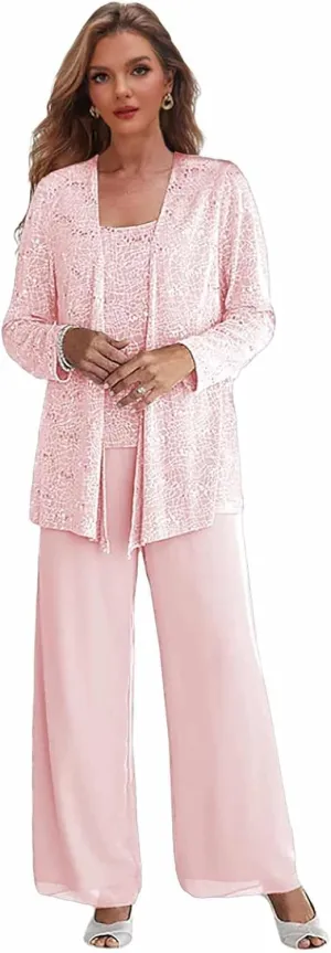 Sequin Mother of The Bride Pant Suits with Jacket 3 Pieces Formal Dress for Wedding Chiffon Outfit Sets