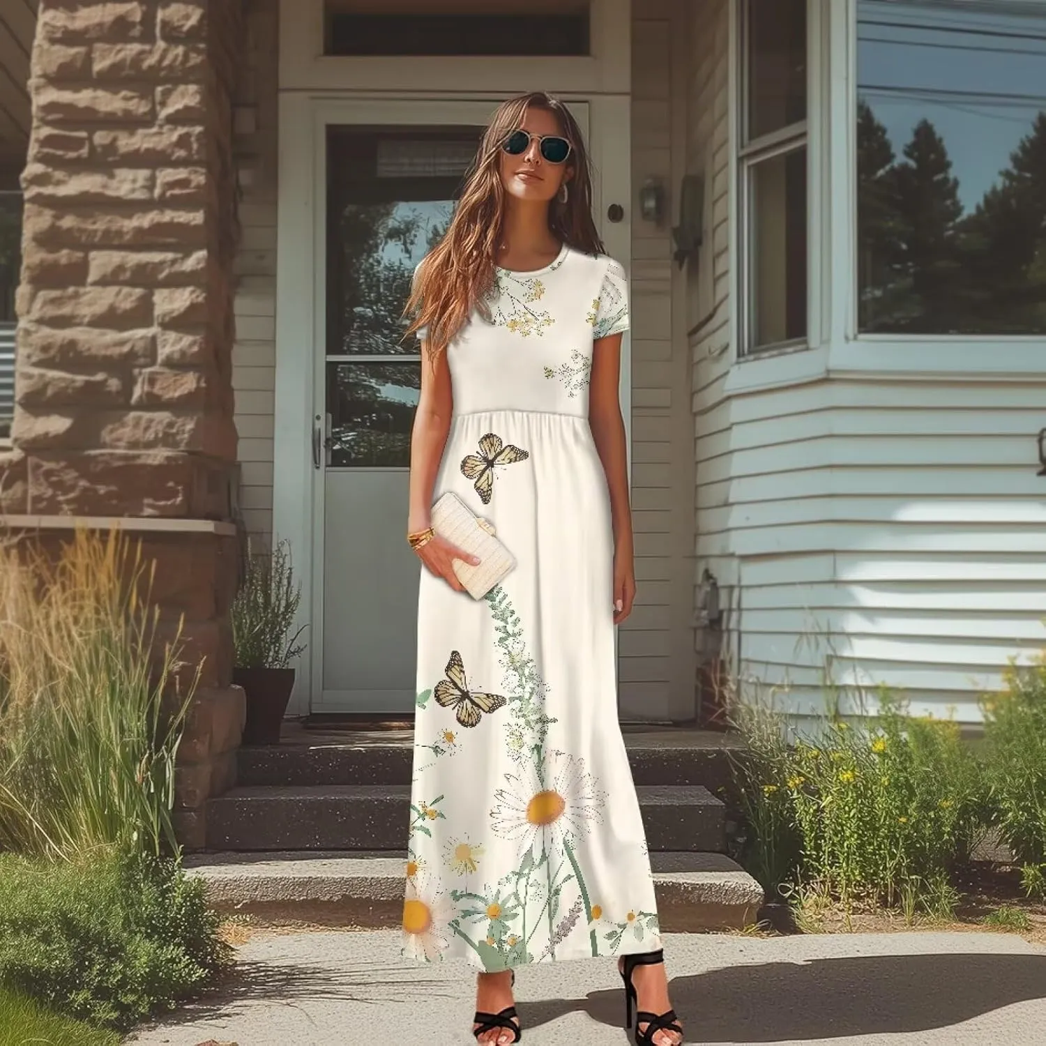 Short Sleeve Dress for Women Crew Neck A-Line Dress with Pockets Causal Long Sundress Summer Beach Clothes
