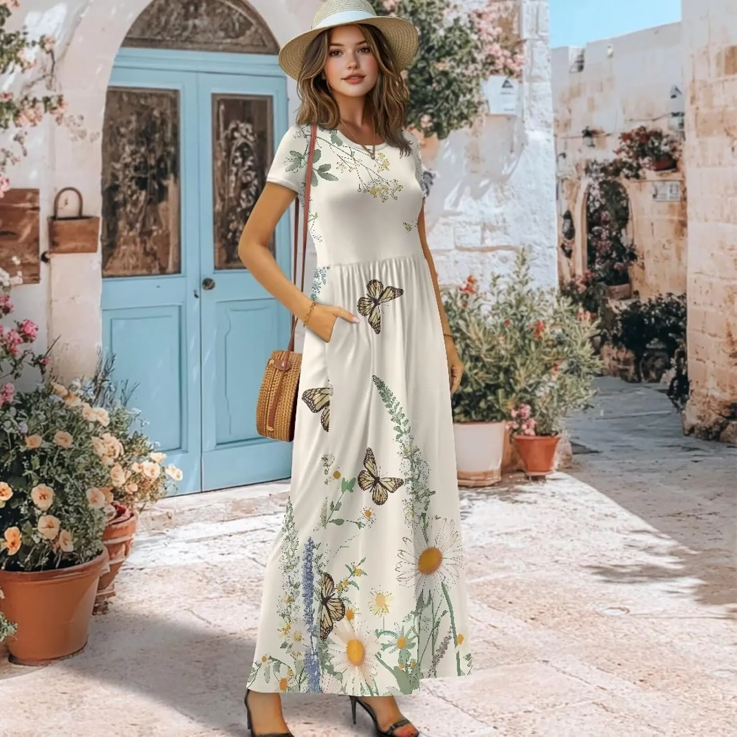 Short Sleeve Dress for Women Crew Neck A-Line Dress with Pockets Causal Long Sundress Summer Beach Clothes