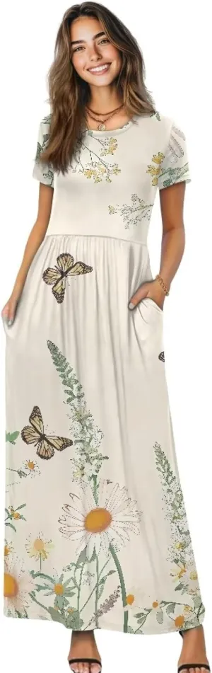 Short Sleeve Dress for Women Crew Neck A-Line Dress with Pockets Causal Long Sundress Summer Beach Clothes