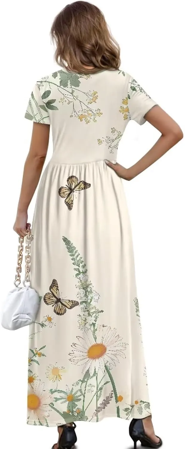Short Sleeve Dress for Women Crew Neck A-Line Dress with Pockets Causal Long Sundress Summer Beach Clothes