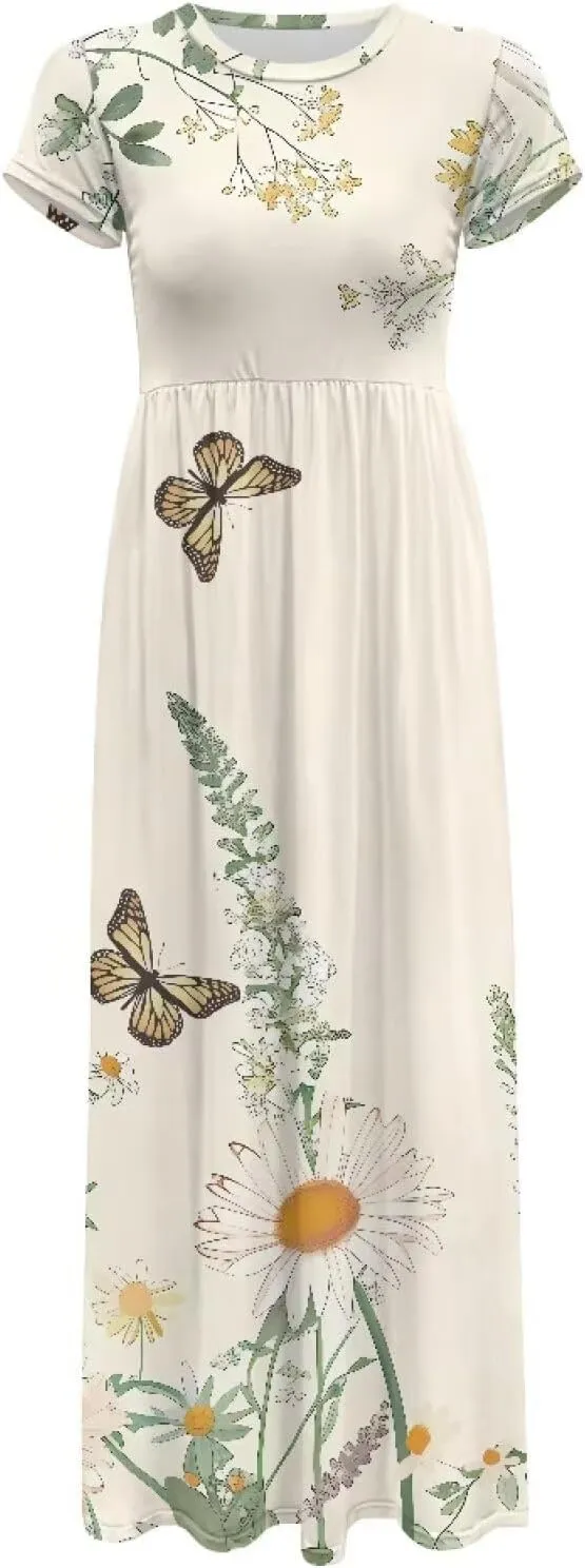 Short Sleeve Dress for Women Crew Neck A-Line Dress with Pockets Causal Long Sundress Summer Beach Clothes