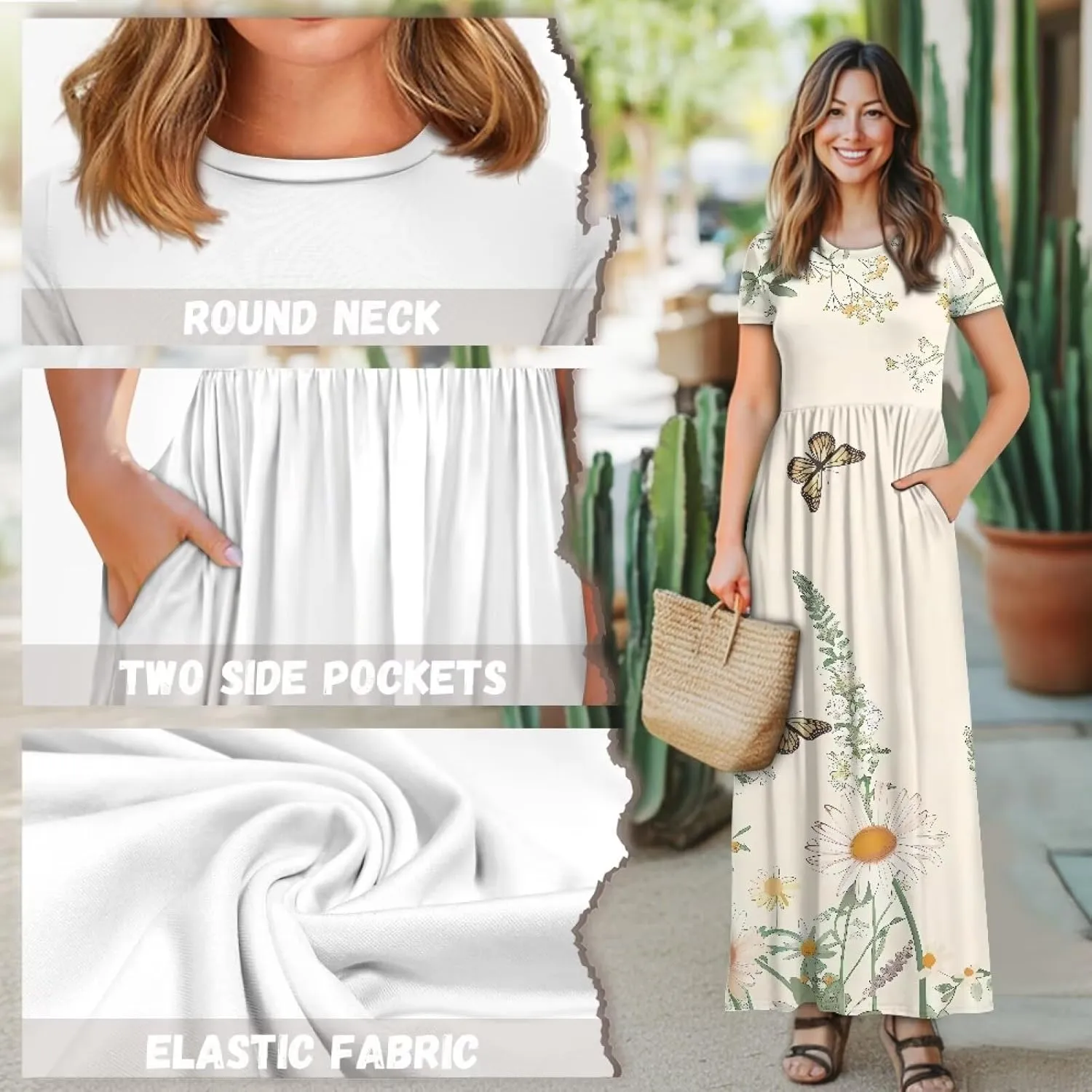 Short Sleeve Dress for Women Crew Neck A-Line Dress with Pockets Causal Long Sundress Summer Beach Clothes