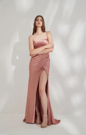 Sleeveless Satin Pleated Collar High Side-split Evening Dress