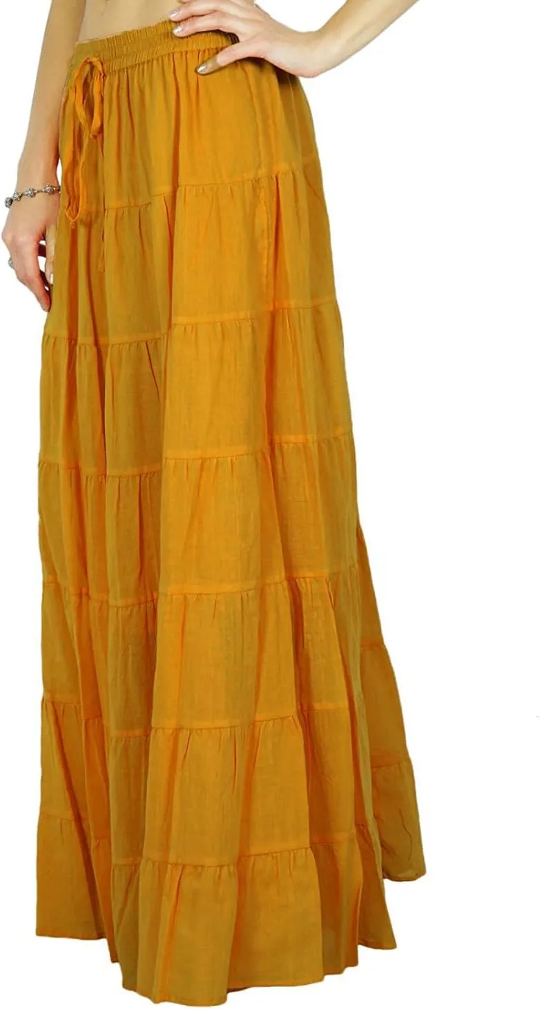Solid Long Maxi Cotton Beach Wear Skirt for Women Elastic Waist Skirt Summer Wear