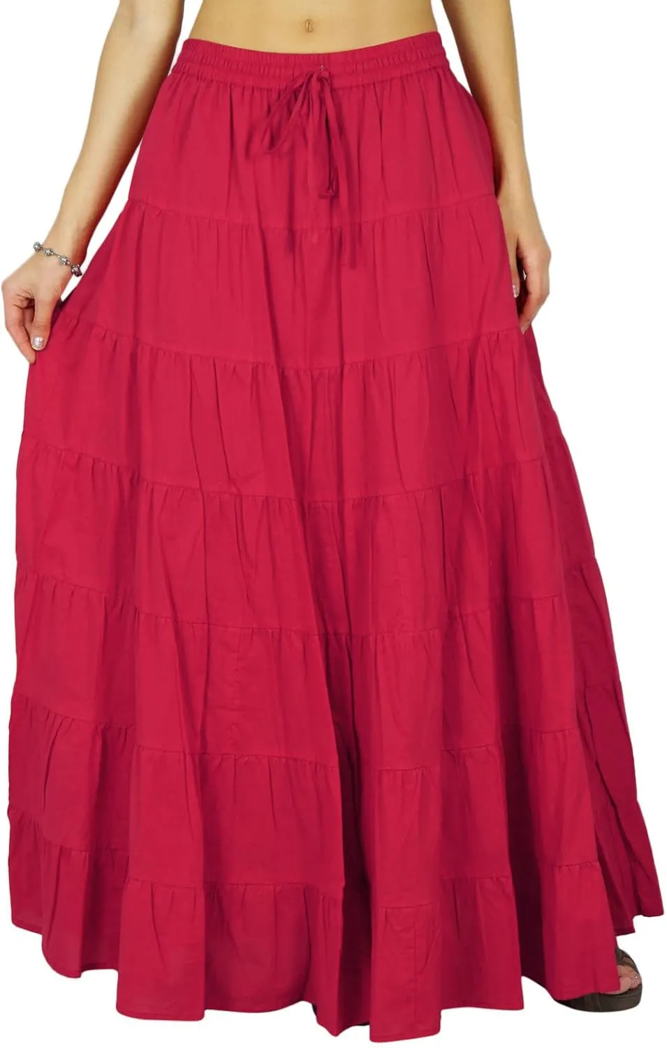 Solid Long Maxi Cotton Beach Wear Skirt for Women Elastic Waist Skirt Summer Wear