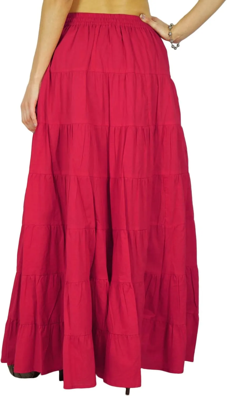 Solid Long Maxi Cotton Beach Wear Skirt for Women Elastic Waist Skirt Summer Wear