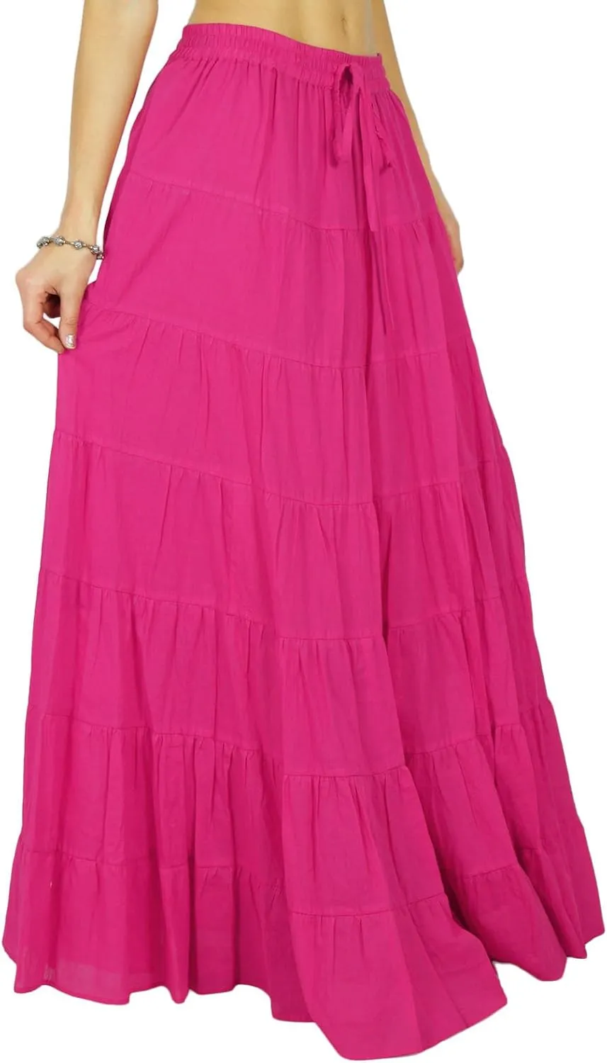 Solid Long Maxi Cotton Beach Wear Skirt for Women Elastic Waist Skirt Summer Wear