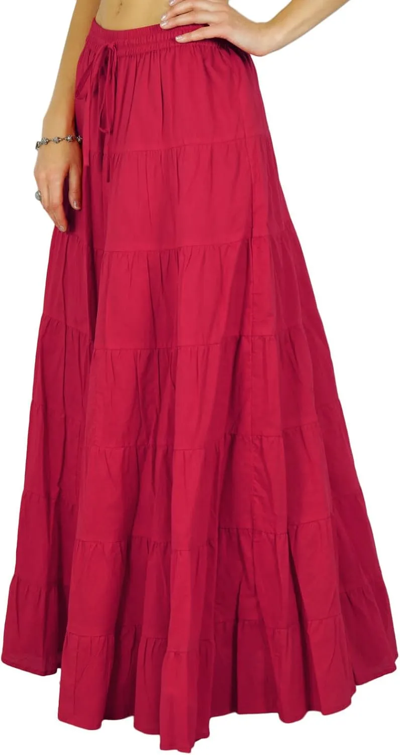 Solid Long Maxi Cotton Beach Wear Skirt for Women Elastic Waist Skirt Summer Wear