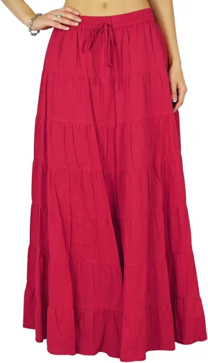 Solid Long Maxi Cotton Beach Wear Skirt for Women Elastic Waist Skirt Summer Wear