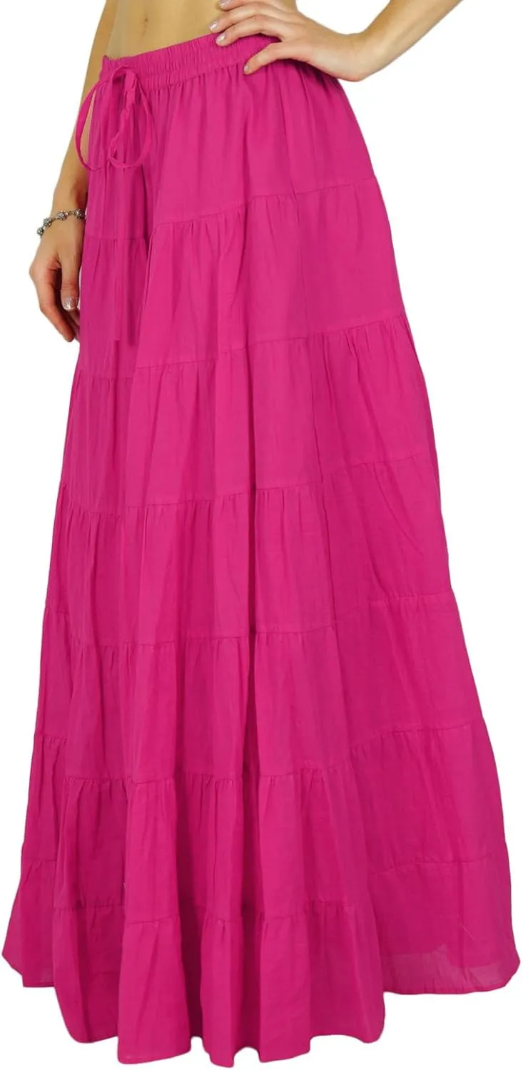 Solid Long Maxi Cotton Beach Wear Skirt for Women Elastic Waist Skirt Summer Wear