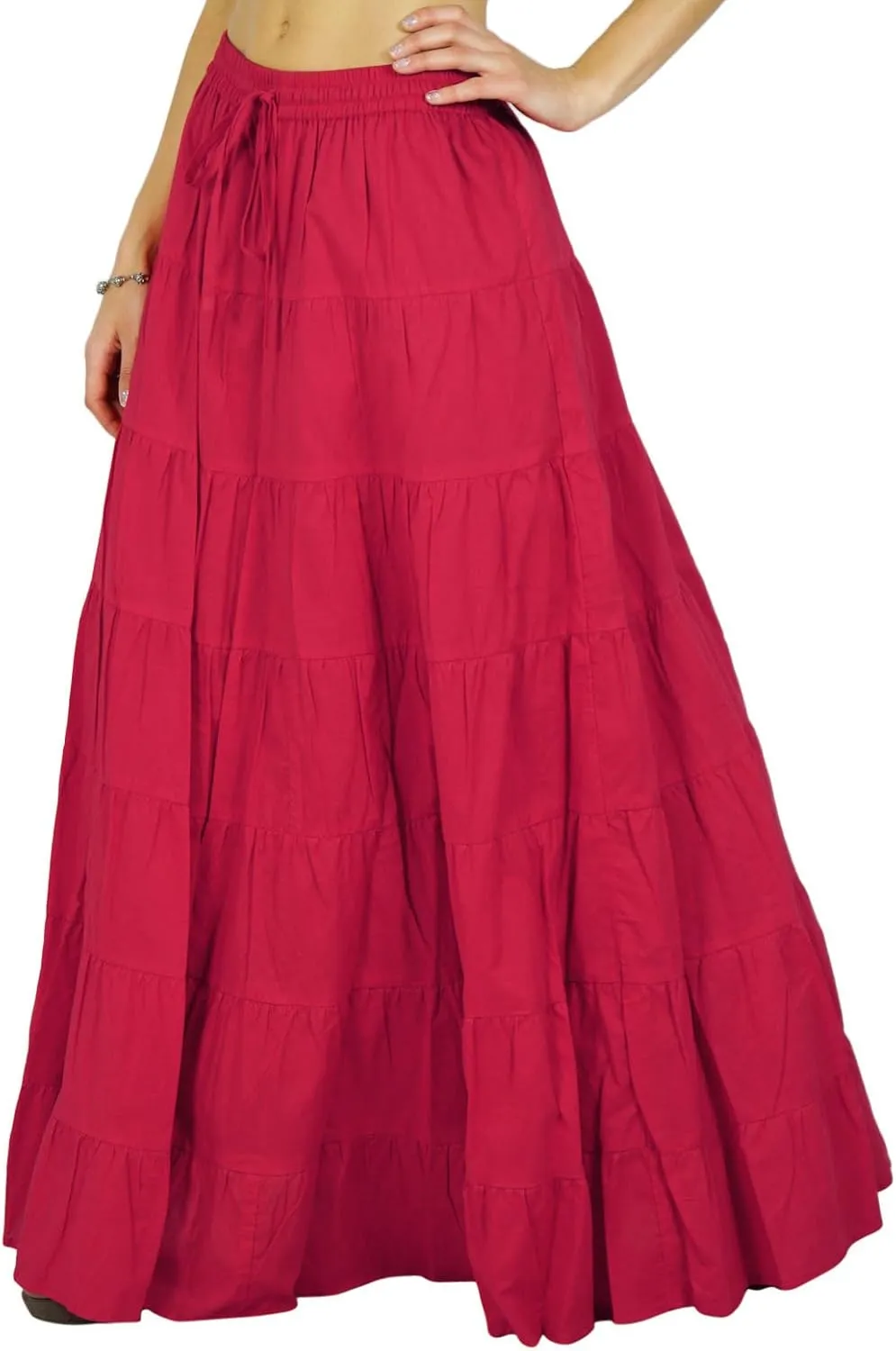 Solid Long Maxi Cotton Beach Wear Skirt for Women Elastic Waist Skirt Summer Wear