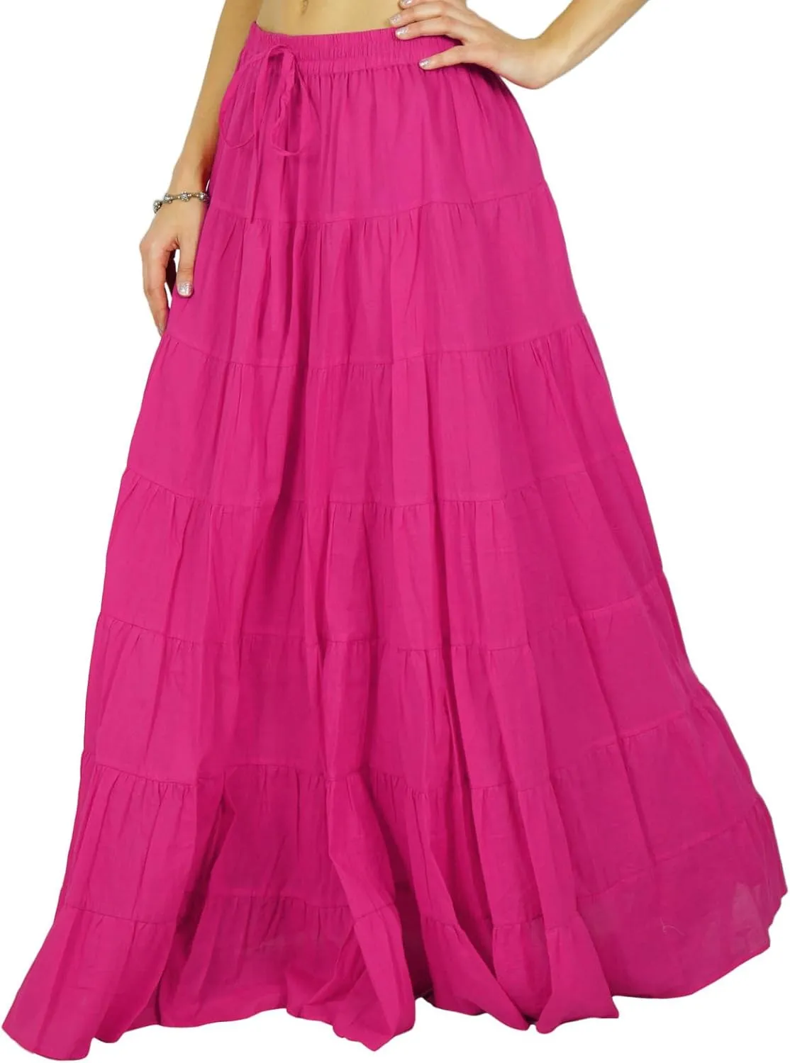 Solid Long Maxi Cotton Beach Wear Skirt for Women Elastic Waist Skirt Summer Wear