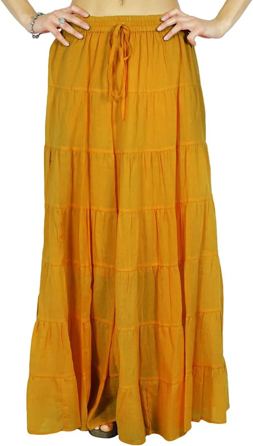 Solid Long Maxi Cotton Beach Wear Skirt for Women Elastic Waist Skirt Summer Wear