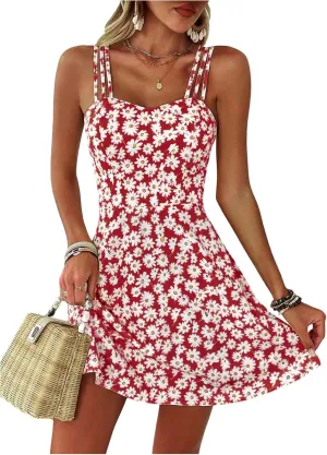 SOLY HUX Women's Floral Print Cami Dress Spaghetti Strap A Line Flowy Summer Mini Dresses Sundress