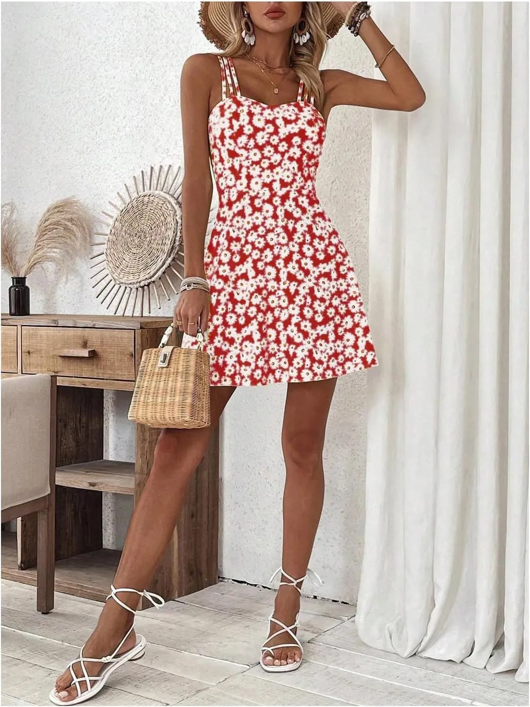 SOLY HUX Women's Floral Print Cami Dress Spaghetti Strap A Line Flowy Summer Mini Dresses Sundress