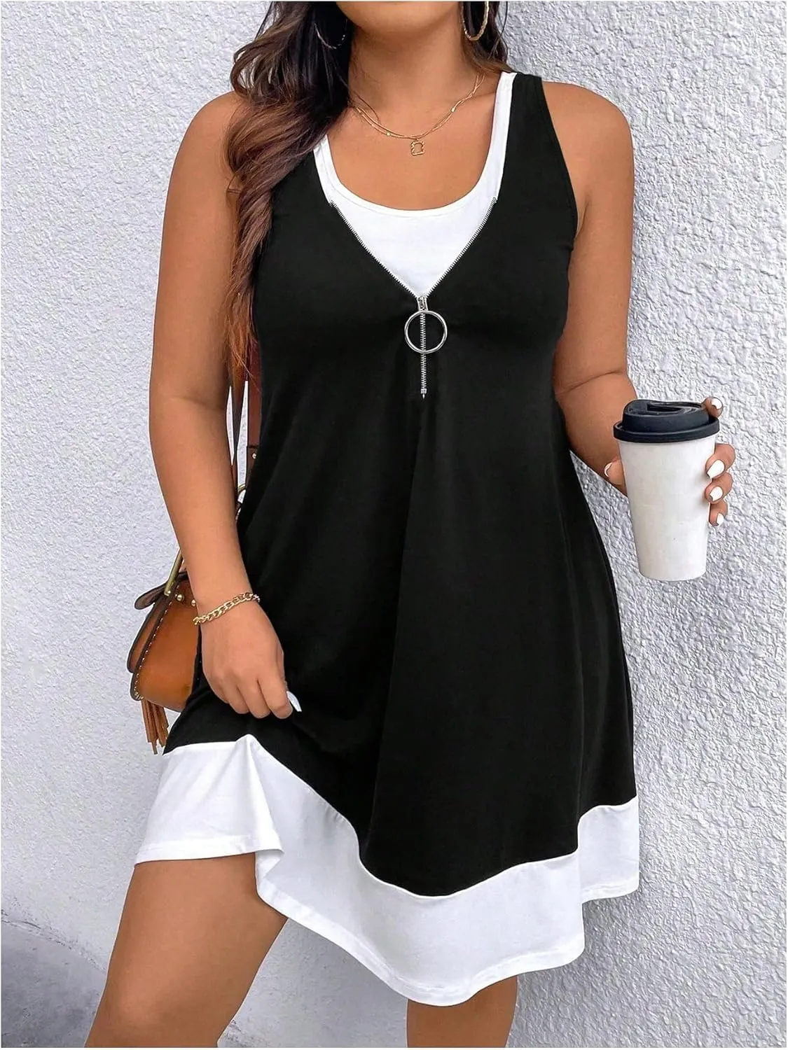 SOLY HUX Women's Plus Size Color Block Tank Dress Sleeveless Zipper Flowy Vacation Short Dresses