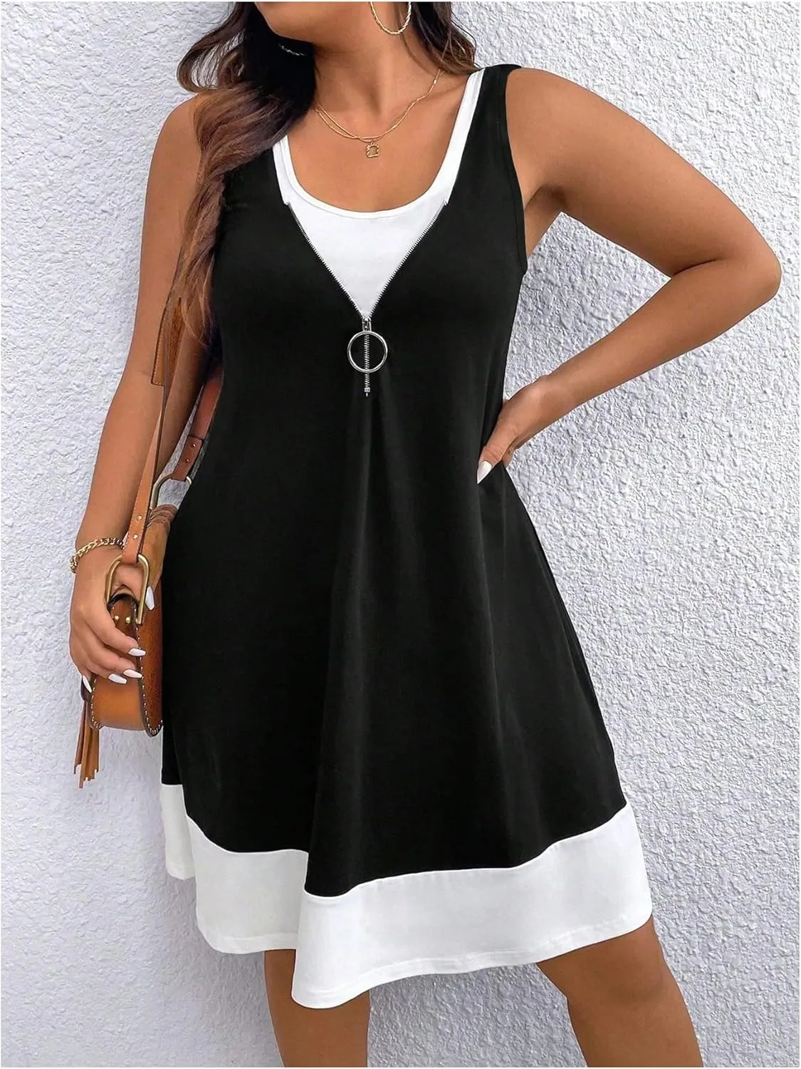 SOLY HUX Women's Plus Size Color Block Tank Dress Sleeveless Zipper Flowy Vacation Short Dresses