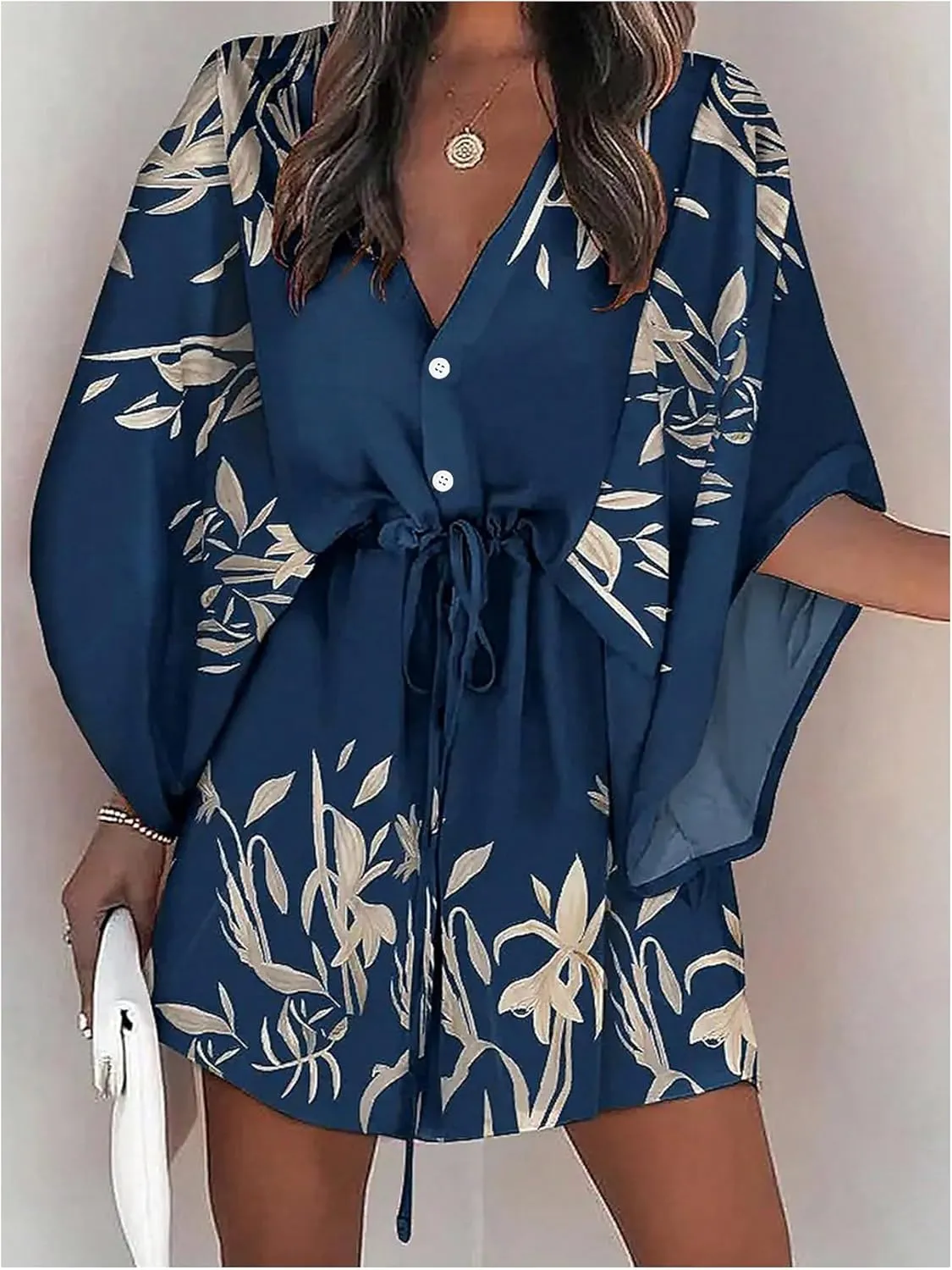 SOLY HUX Women's V Neck Boho Short Dresses Flare Sleeve Sundresses Flowy Vacation Beach Shirt Dress