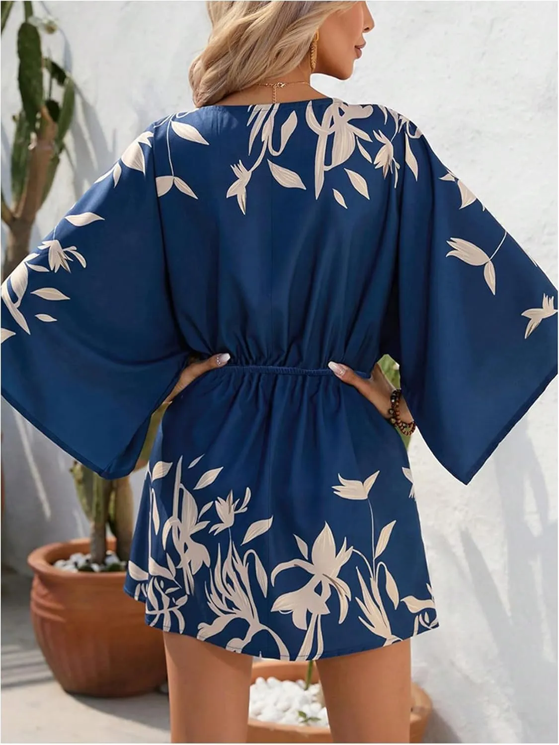 SOLY HUX Women's V Neck Boho Short Dresses Flare Sleeve Sundresses Flowy Vacation Beach Shirt Dress