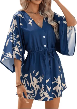 SOLY HUX Women's V Neck Boho Short Dresses Flare Sleeve Sundresses Flowy Vacation Beach Shirt Dress