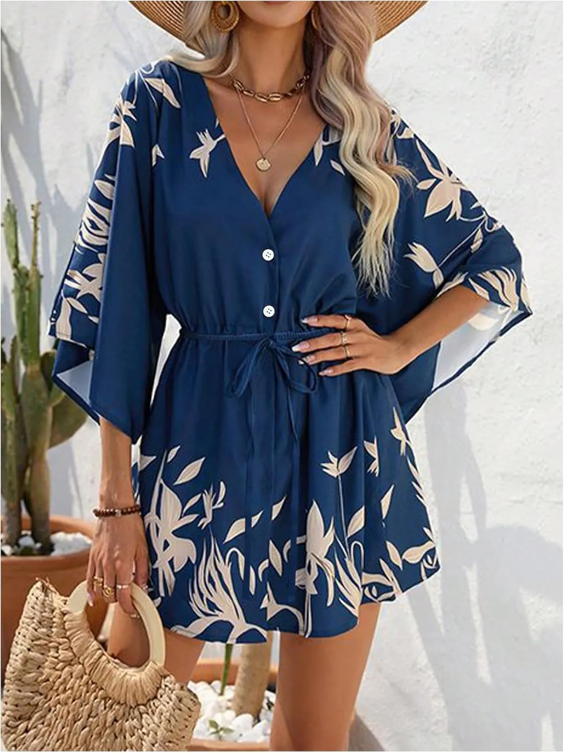 SOLY HUX Women's V Neck Boho Short Dresses Flare Sleeve Sundresses Flowy Vacation Beach Shirt Dress