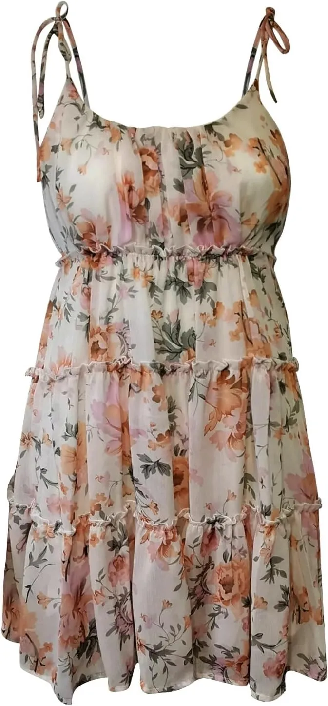 Spaghetti Strap Dresses for Women Halter Floral Mini Dress Beach Boho Cute Sundresses Tiered Ruffle Cami Dress