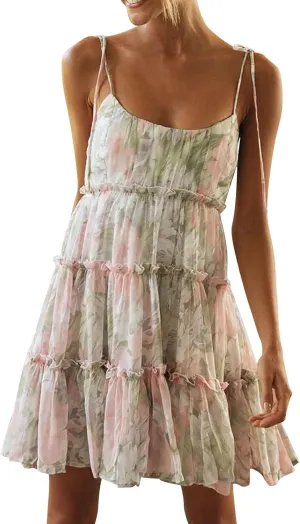 Spaghetti Strap Dresses for Women Halter Floral Mini Dress Beach Boho Cute Sundresses Tiered Ruffle Cami Dress