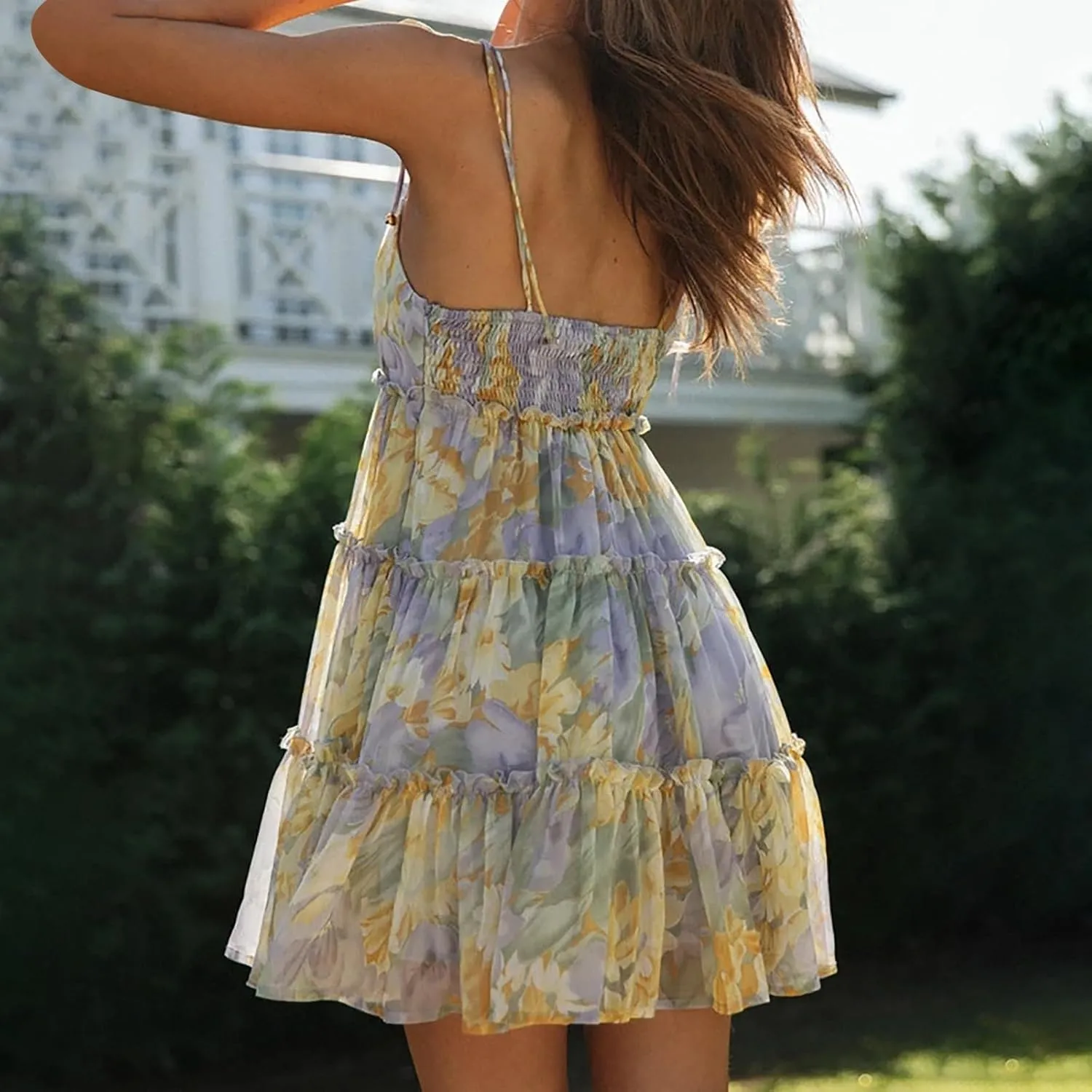 Spaghetti Strap Dresses for Women Halter Floral Mini Dress Beach Boho Cute Sundresses Tiered Ruffle Cami Dress